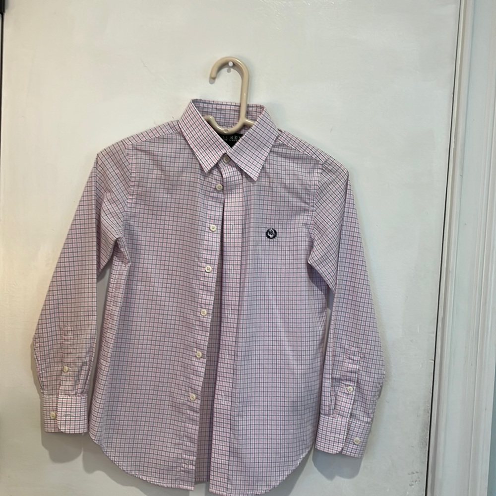 White pink navy button down